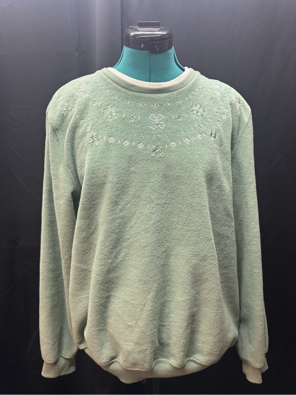 Alfred Dunner Mint Green Crewneck Sweater with Embroidered Yoke
